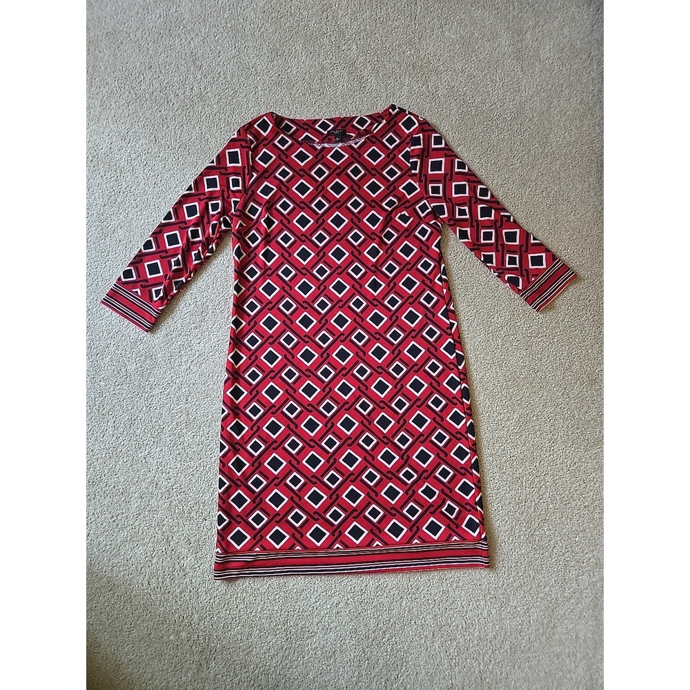 Talbots Red Navy Blue Mod Plaid Geo Shift Dress Medium‎ Petite Stretch Excellent